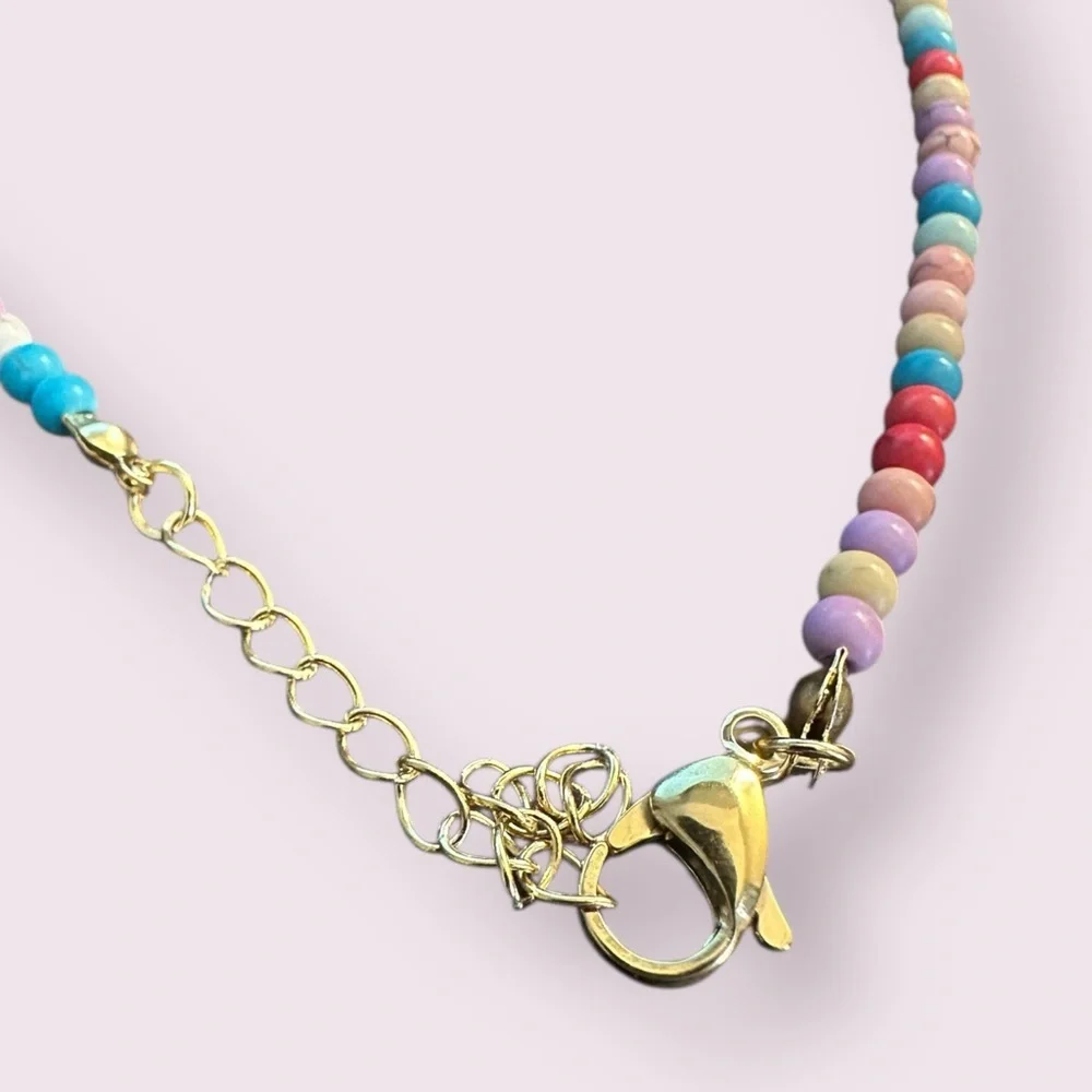 Colorful Beaded Kids Necklace with Heart and Initial E Charm